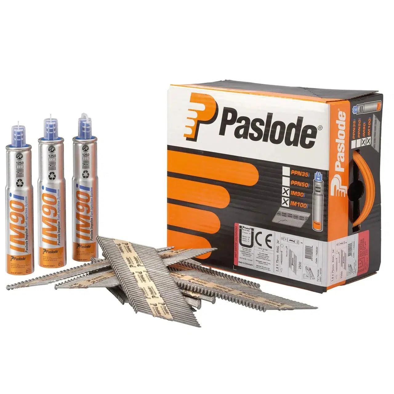 Paslode 34° Papier Gebonden Stripnagels IM90 | Galv-Plus® | Ring | 2.8x63mm | +3x Gas VE=3750 - 142013 afbeelding 1